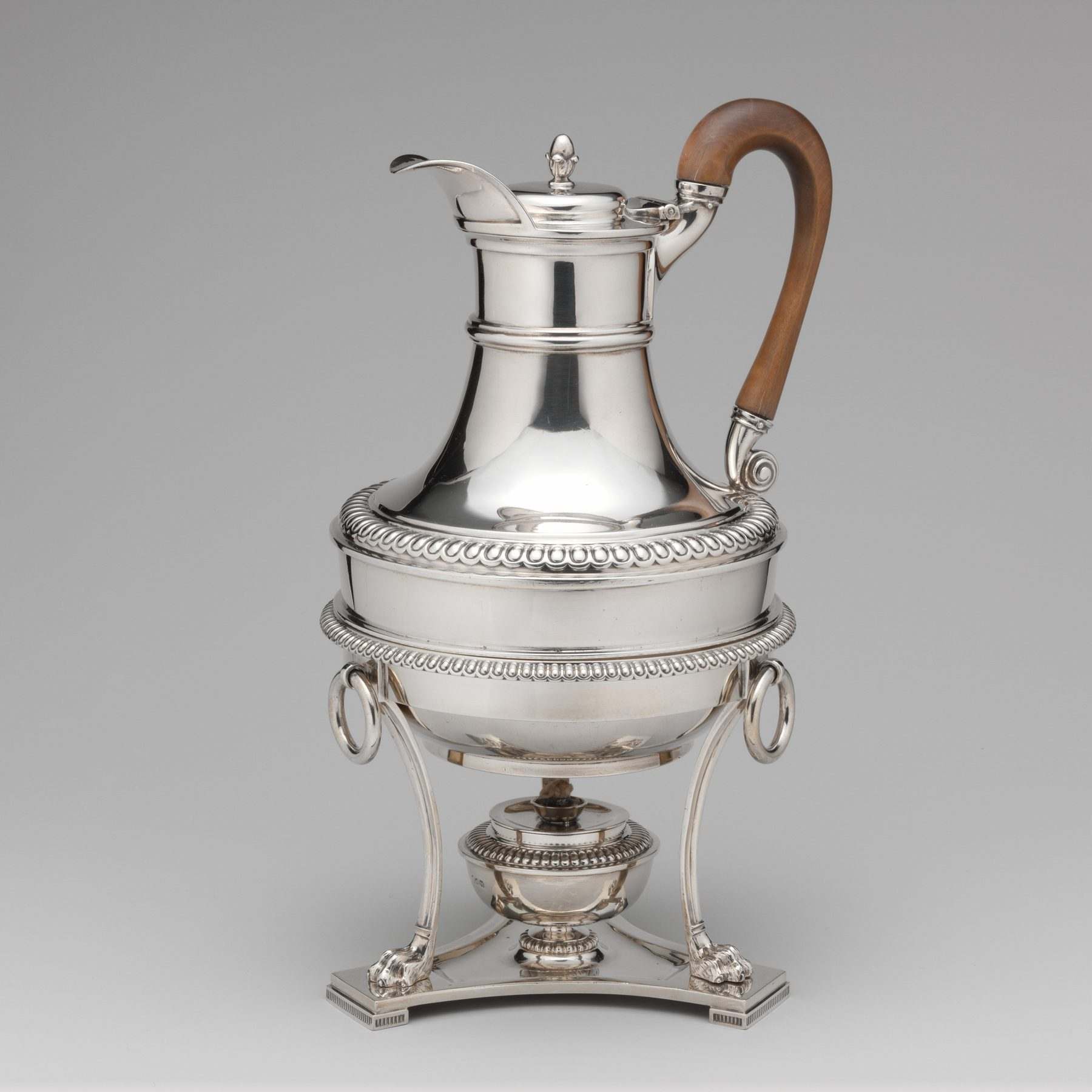 Paul Storr silver hot water jug on a stand, London 1807